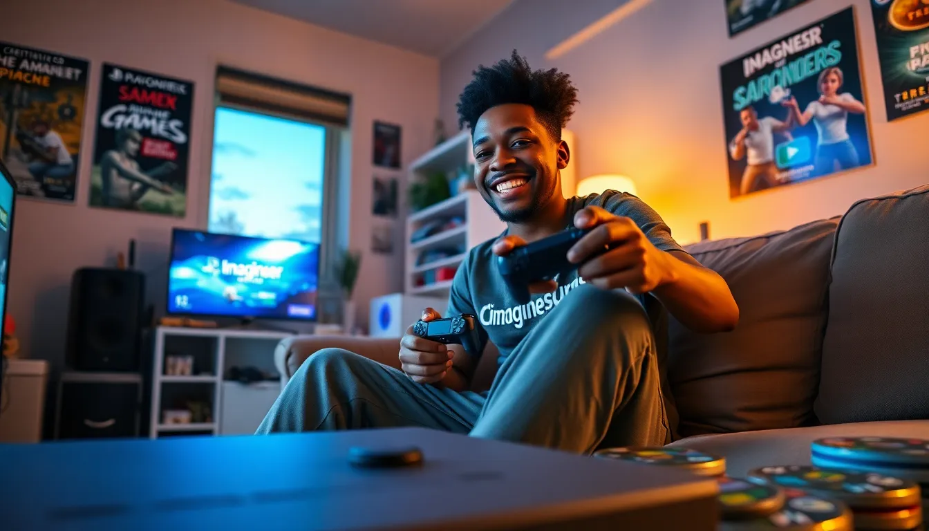 a young man gaming with a PlayStation console in a cozy room.