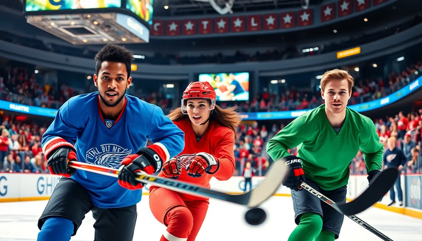 Exciting hockey action with diverse players in a vibrant arena.